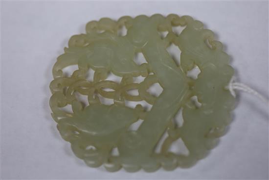 A Chinese pale celadon jade fish plaque, 19th century 6cm, wood stand